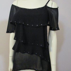 72822 Black Sheer Chiffon Cold Shoulder Tiered Hi-lo Tunic Top sz S